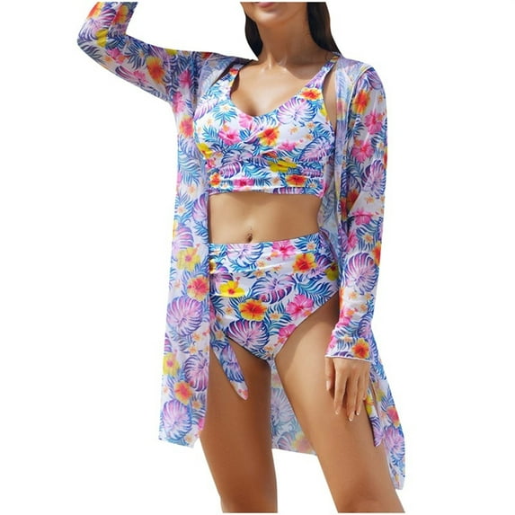 Wyobmus 3 Piece Swimsuit Sets for Women Hawaiian Outfits Swimwears Tropical Palms Printed Bikini Short Sets Summer Beach Cover Ups,Containing Chest Pad F-Pink