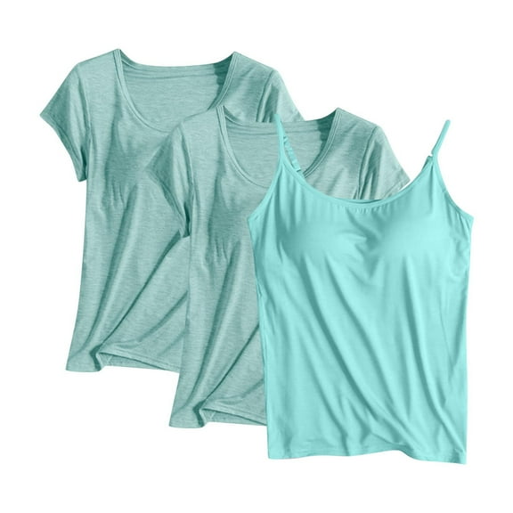 Wyobmus 3PC Women Combination Tops Set Solid Color Cotton Soft Chest Pad Base Shirts 2 Piece Round Neck Short Sleeve Shirt With Sleeveless Spaghetti Straps Tank Tops A-Green