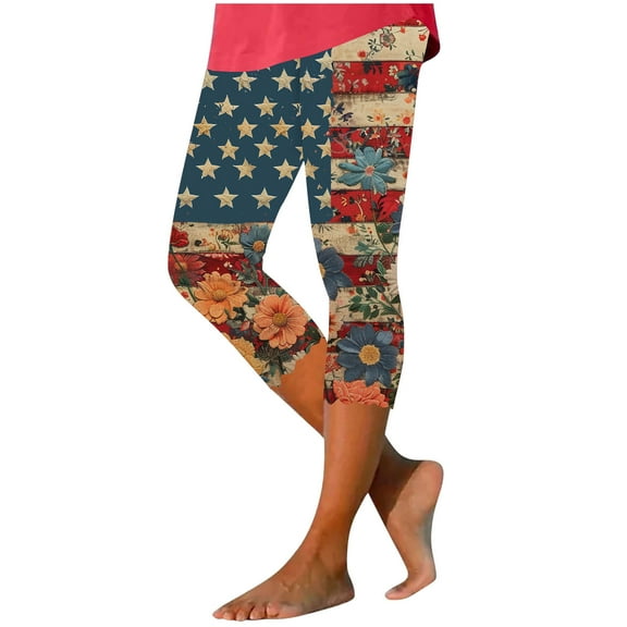 Wyobmus American Flag Capri Leggings for Women 4Th Of July Patriotic Stripes Stars High Elasitc Waist Soft Stretchy Tihgts Yoga Pants C-Multicolor