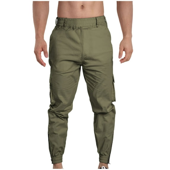 Wyobmus Athletic Cargo Pant for Men Solid Color Cargo Pockets Elastic Waisted Drawstring Bottom Zippe Joggers Olive Green