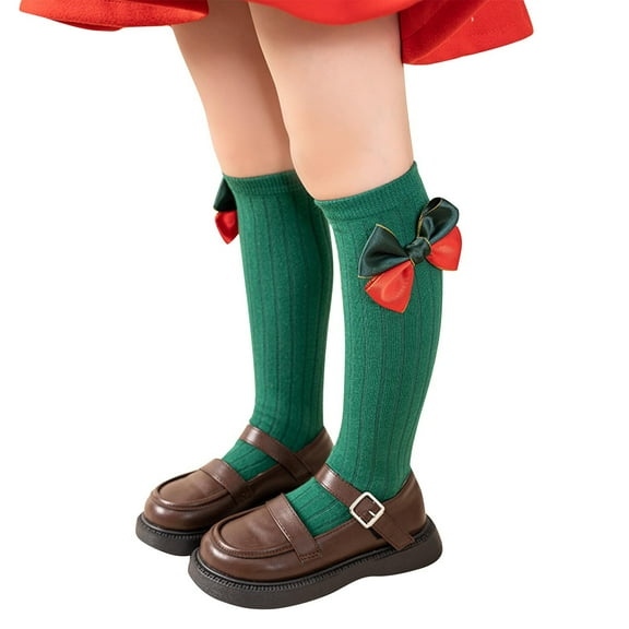 Wyobmus Baby Girl Christmas Cotton Knee High Socks Xmas Bow Stockings Ruffle Frilly Socks Toddler Little Girls Non Slip Sock L-Green*