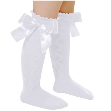 Wyobmus Baby Girls Knee High Socks Toddler Double Big Bow Cotton Socks Soft Solid Color Dance Socks White*