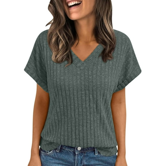 Wyobmus Short Sleeve Tops for Women V Neck Short Sleeve Sweater Casual Ribbed Knit Going Out Summer Tops Loose Fit Tunic Blouse C-Olive Green