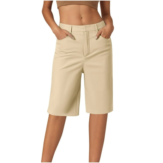 Wyobmus Bermuda Shorts for Women Dressy Casual Extandable Waist Summer Work Short Loose Elastic Waist Pleated Dress Shorts With Pockets S-3X A-Khaki