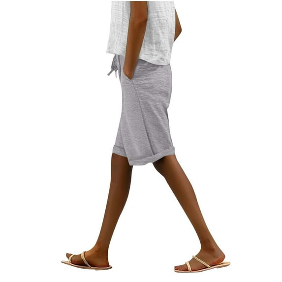 Wyobmus Bermuda Shorts for Women Soft Comfy Elastic Waist Drawstring Long Shorts Casual Half Pants With Pockets S-2X A-Gray