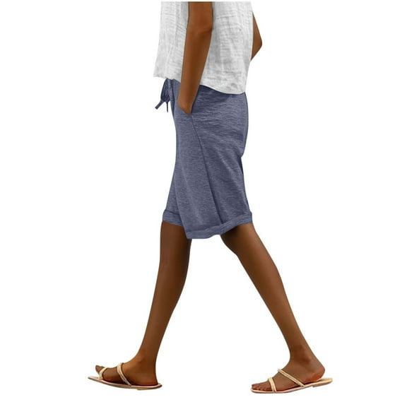 Wyobmus Bermuda Shorts for Women Soft Comfy Elastic Waist Drawstring Long Shorts Casual Half Pants With Pockets S-2X A-Navy