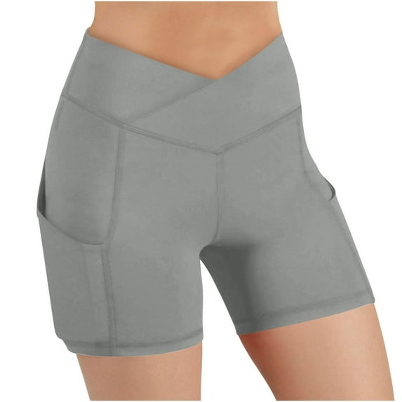 Wyobmus Biker Shorts for Women With Pockets Natural Feeling V Crossover High Waisted Tummy Control Stertchy Workout Yoga Shorts Gray