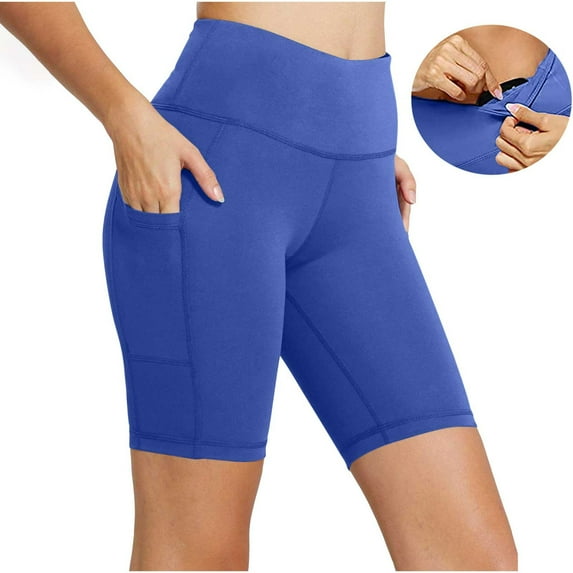 Wyobmus Biker Yoga Shorts With Inside Pocket for Women High Waisted Running Workout Leggings Seamless Tummy Control Gym Shorts S-2X Blue