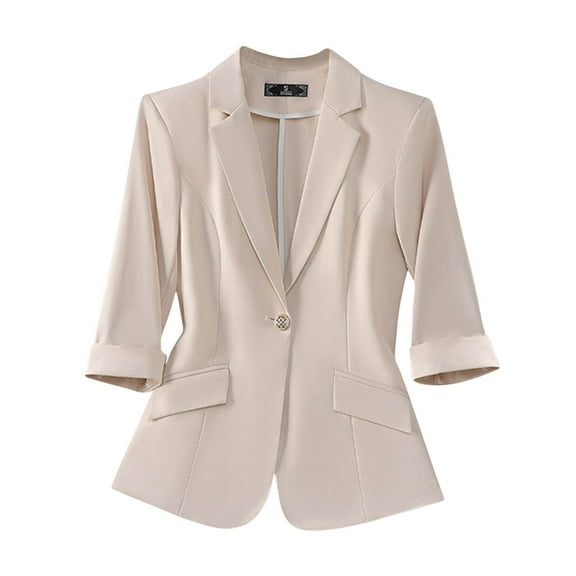 Wyobums Blazers for Women Business Casual 3/4 Sleeve Lightweight Slim Fit Lapel Open Front Suit Jacket with Pockets Casual Padded Shoulder Work Blazer F-Beige
