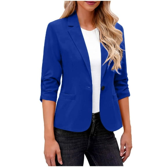 Wyobmus Blazers for Women Ruched 3/4 Sleeve Suit Jackets Dressy One Button Blazer Stretchy Business Casual Outfits for Work A-Dark Blue