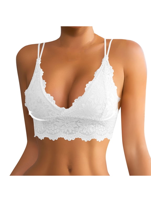 Bralettes for Women Floral Lace Non-See Through Wireless Bra Deep V Neck Low Back Crop Top Adjustable Straps Push-Up Bras White*