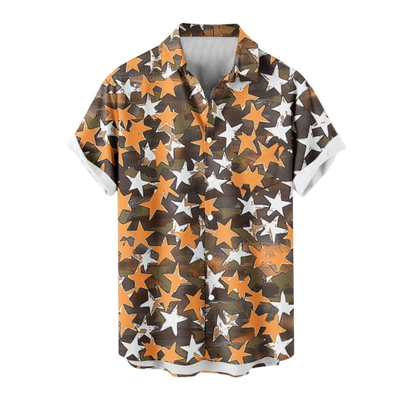 Wyobmus Button Down Shirt for Men Short Sleeved Star Printed Shirt Casual Summer Vacation Casual Lapel Blouse A-Gold