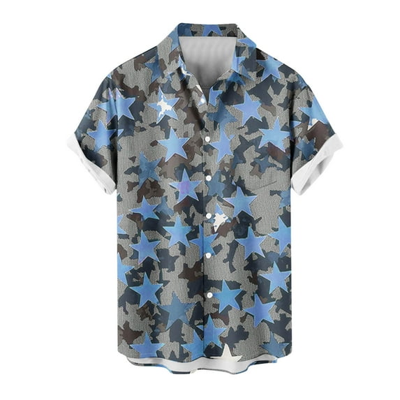 Wyobmus Button Down Shirt for Men Short Sleeved Star Printed Shirt Casual Summer Vacation Casual Lapel Blouse C-Blue
