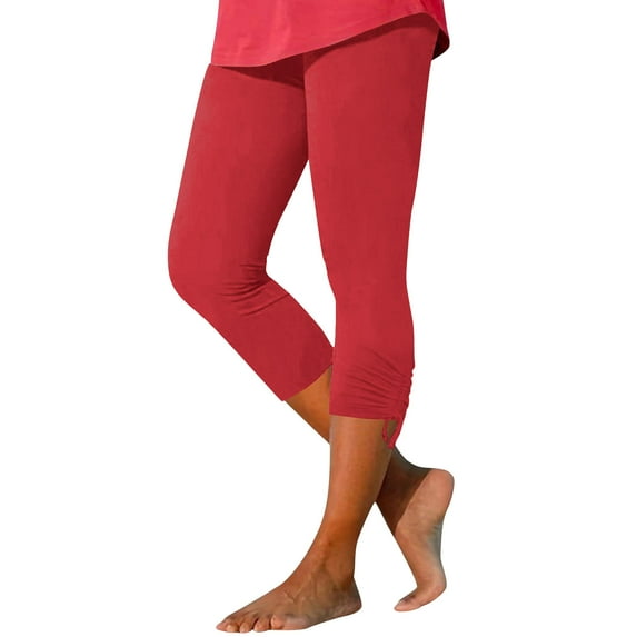 Wyobmus Capri Leggings for Women High Waisted Summer Solid Color Capris Slim Fit Tummy Control Drawstring Hem Yoga Pants Red
