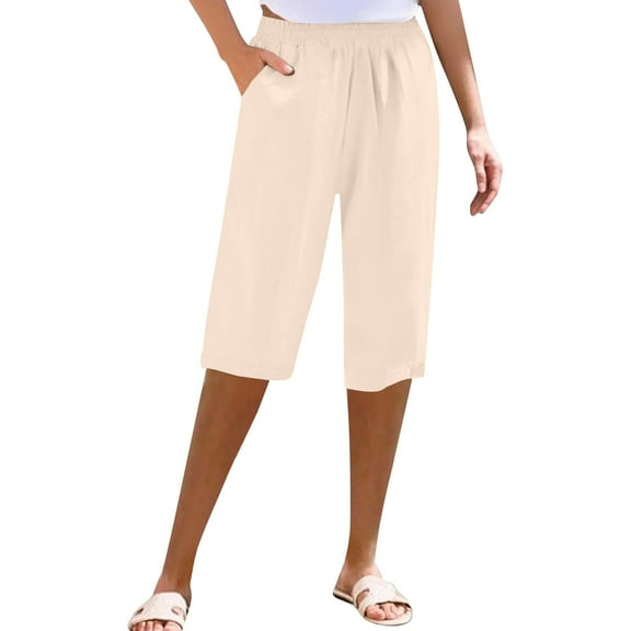 Wyobmus Capri Pants for Women High Waist Stretch Croped Capris Pants Loose Summer Work Casual Pants With Pockets S-3X Beige