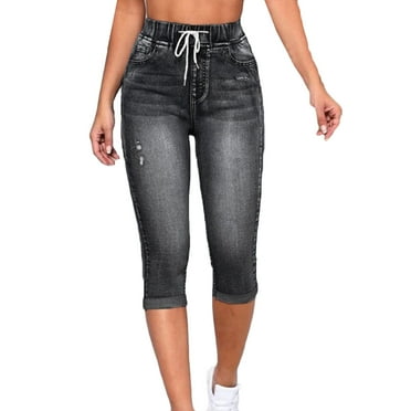 Wyobmus Capris Jeans for Women High Waisted Stretchy Ripped Skinny Denim Capri Pants Distressed Cropped Jeggings Black