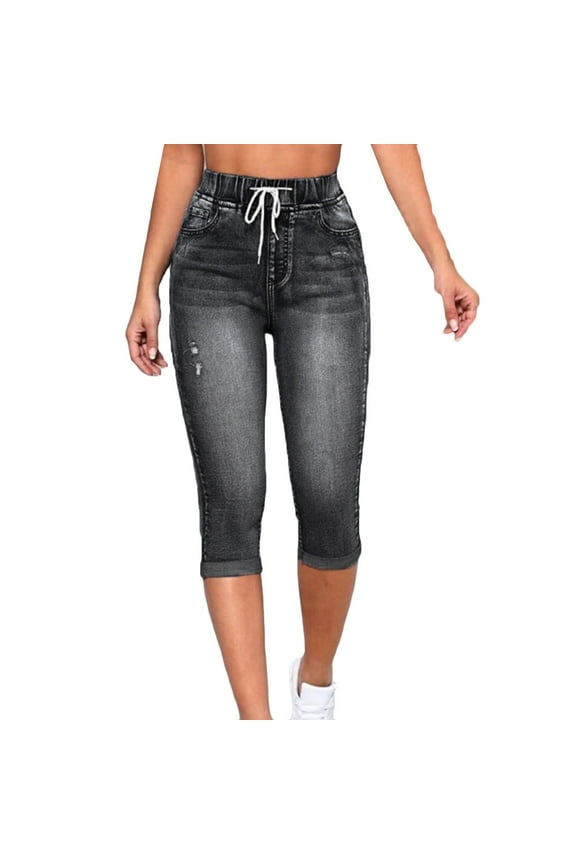 Capris Jeans for Women High Waisted Stretchy Ripped Skinny Denim Capri Pants Distressed Cropped Jeggings Black