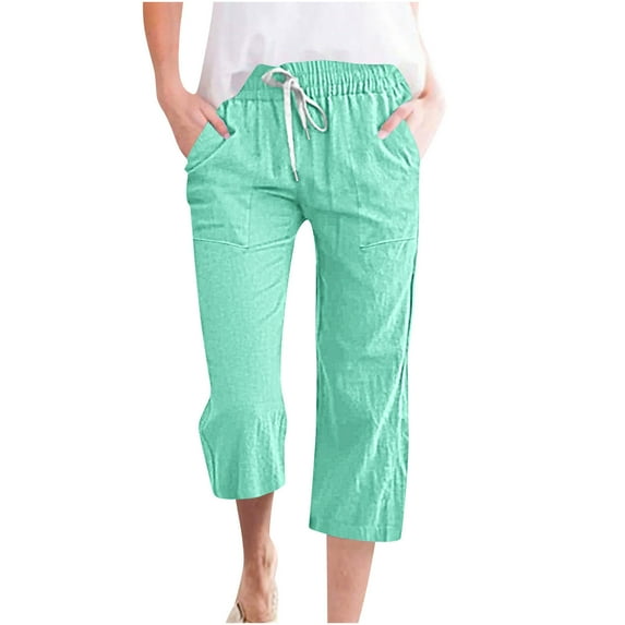 Wyobmus Capris Pants for Women Summer 3/4 Linen Pants Casual High Waisted Breathable Plain Color Straight Fit Palazzo Capris C-Mint Green