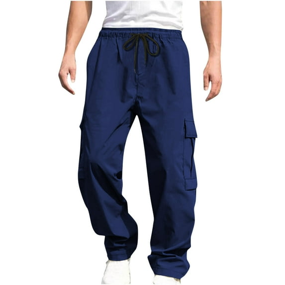 Wyobmus Cargo Pants for Men Solid Casual Plus Size Trousers Elastic Waist Loose Fit Twill Pants Trousers With Multi Pockets B-Navy