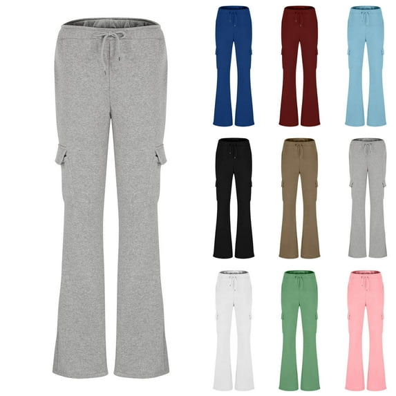 Wyobmus Cargo Sweatpants for Women Athletic High Waist Flared Joggers Pants Multi Pocket Sweatpants Drawstring Wide Leg Workout Running Pants Blue