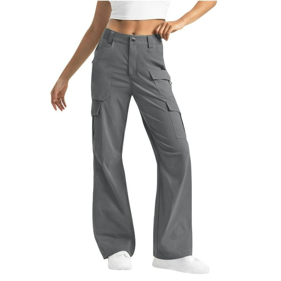 Wyobmus Cargo Pants for Women High Waist Wide Leg Casual Pants With 8 Pockets Stretchy Button Baggy Y2K Trousers A-Gray
