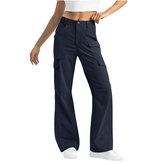 Wyobmus Cargo Pants for Women High Waist Wide Leg Casual Pants With 8 Pockets Stretchy Button Baggy Y2K Trousers B-Navy