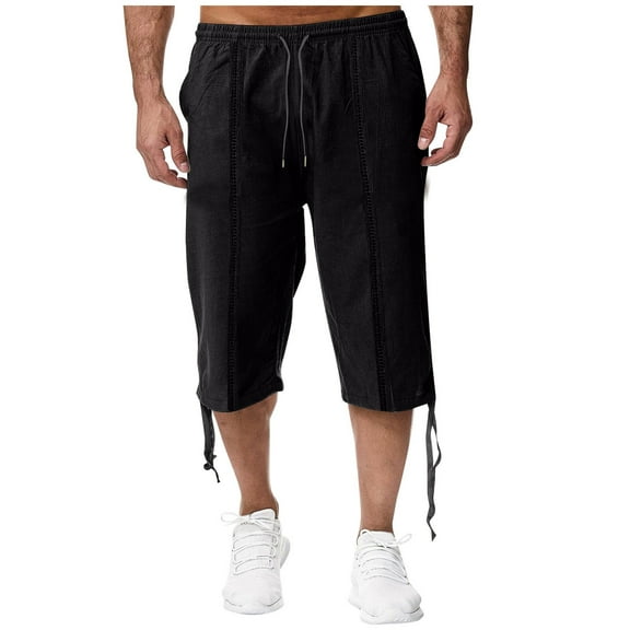 Wyobmus Cargo Shorts for Men Relaxed Fit Lightweight 3/4 Baggy Pants Drawstring Elastic Waist Below Knee Capri Cargo Pants Black