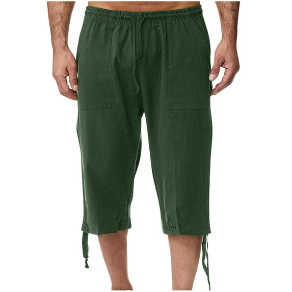 Wyobmus Cargo Shorts for Men Relaxed Fit Lightweight 3/4 Baggy Pants Drawstring Elastic Waist Below Knee Capri Cargo Pants Olive Green