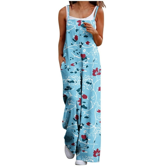 Wyobmus Casual Jumpsuits for Women Spaghetti Straps Wide Leg Overalls Floral Printed Baggy Sleeveless Rompers With Pockets Light Blue
