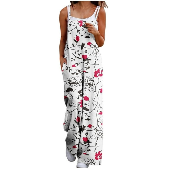 Wyobmus Casual Jumpsuits for Women Spaghetti Straps Wide Leg Overalls Floral Printed Baggy Sleeveless Rompers With Pockets White