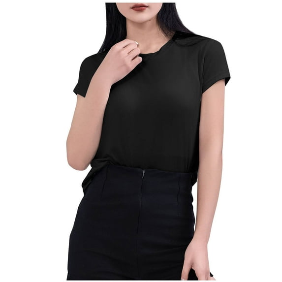 Wyobmus Casual Stretch T Shirts for Women Basic Crewneck Shirt Casual Solid Color Short Sleeve Tight Tops C-Black