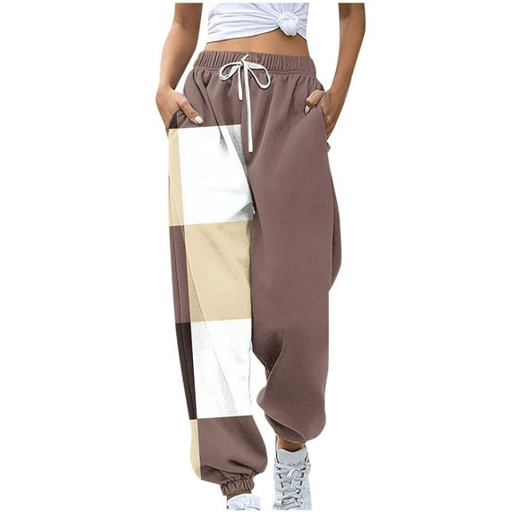 Wyobmus Casual Sweatpants For Women Color Block Printed Sport Jogger Casual Baggy Bottom Tihgt Trousers With Pocket E-Khaki
