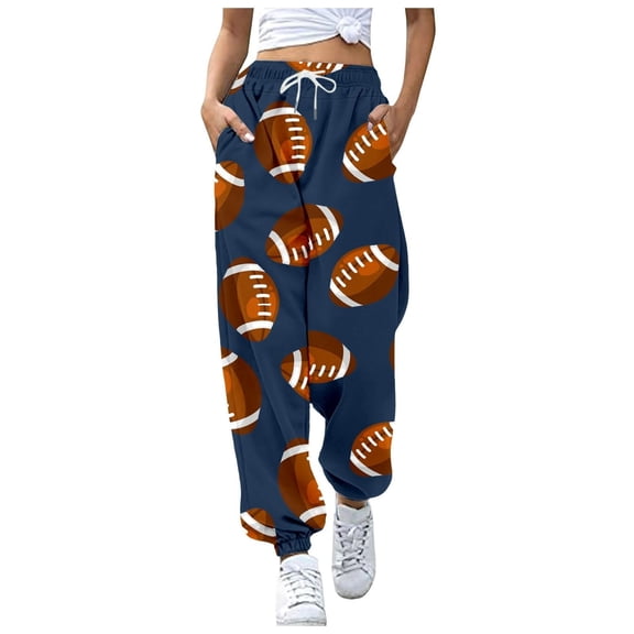Wyobmus Casual Sweatpants for Women Comfy Loose Drawstring Straight Lounge Pants Football Print Running Workout Athletic Pants With Pockets Dark Blue