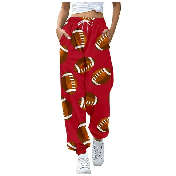 Wyobmus Casual Sweatpants for Women Comfy Loose Drawstring Straight Lounge Pants Football Print Running Workout Athletic Pants With Pockets Red