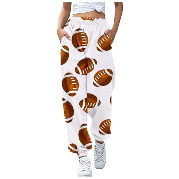Wyobmus Casual Sweatpants for Women Comfy Loose Drawstring Straight Lounge Pants Football Print Running Workout Athletic Pants With Pockets White