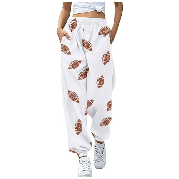 Wyobmus Casual Sweatpants for Women Comfy Loose Drawstring Straight Lounge Pants Football Print Running Workout Athletic Pants With Pockets White