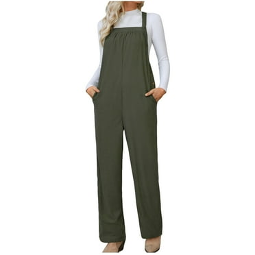 Wyobmus Corduroy Jumpsuits for Women Boho Wide Leg Sleeveless Overalls Casual Solid Bodysuit Playsuit Rompers With Pockets Olive Green