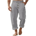 thumbnail image 1 of Wyobmus Cotton Linen Pants for Men Casual Loose Fit Button Elastic Drawstring Waist Solid Color Summer Beach Vacation Pants S-3Xl Gray, 1 of 9
