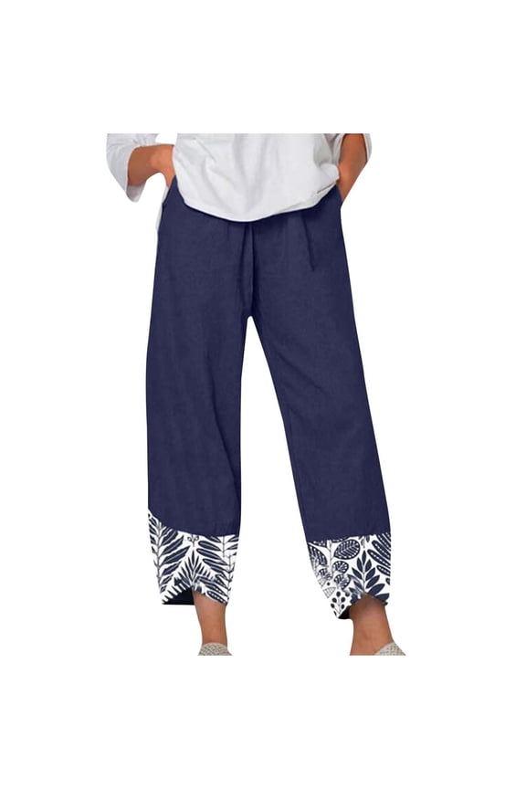 Cotton Linen Pants for Women Casual Summer Capri Pants Elastic Waist Patchwork Wide Leg Cropped Pants With Pockets B-Light Blue