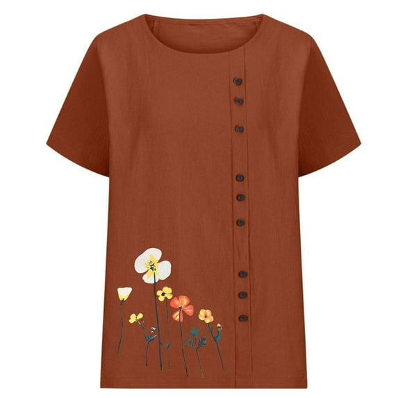 Wyobmus Cotton Linen Shirt for Women Crew Neck Button Decoration Blouse Casual Short Sleeve Flower Print Tops A-Brown