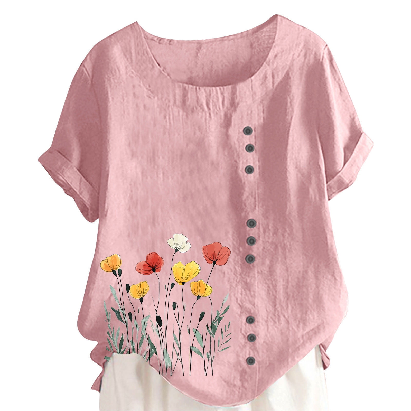Wyobmus Cotton Linen Shirt for Women Crew Neck Button Decoration Blouse ...