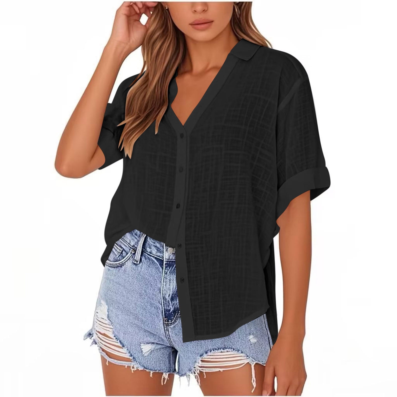 Wyobmus Cotton Linen Tops for Women Short Sleeve Button Down Shirt ...