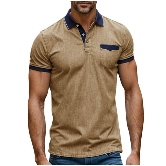 Wyobmus Denim Shirt for Men Stretchy Turndown Collar Short Sleeve Shirt Outdoors Button Up Casual Blouse Tops Khaki