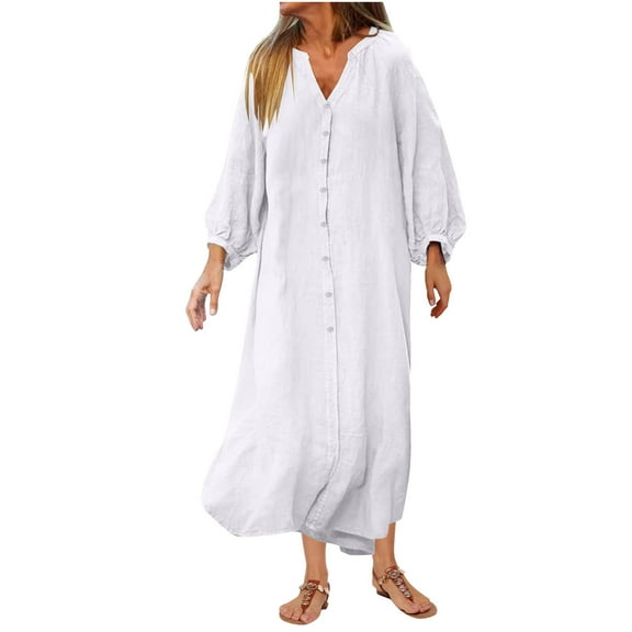 Wyobmus Dresses for Women Summer Lantern Sleeve V Neck Maxi Shirt Dress Loose 1/2 Button Down Casual Cotton Linen Dress White