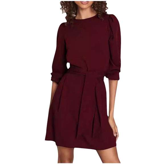 Wyobmus Fall Dresses for Women 2024 Leisure Printed Long Sleeve Clod Shoulder Dress Burgundy Red