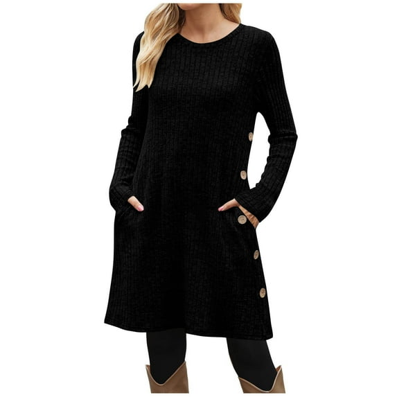 Wyobmus Fall and Winter Tunic Dress Long Sleeve Sweater Dress Ribbed Knit Crew Neck Casual Flowy Swing Dresses with Pockets Black