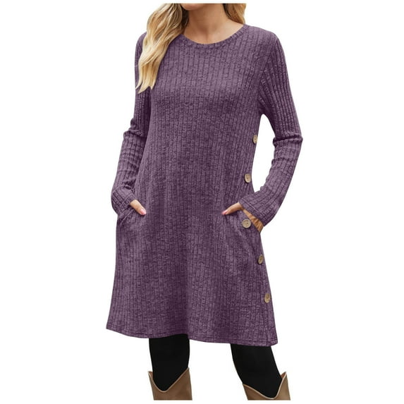 Wyobmus Fall and Winter Tunic Dress Long Sleeve Sweater Dress Ribbed Knit Crew Neck Casual Flowy Swing Dresses with Pockets Purple
