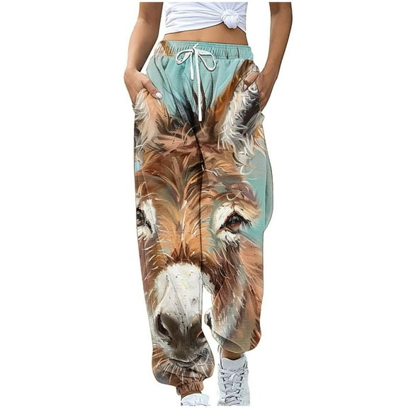 Wyobmus Fashion Comfy Sweatpants for Women Drawstring Elastic High Waist Lounge Pants Streetwear Cute Donkey Printed Cinch Bottom Length Pants Gray