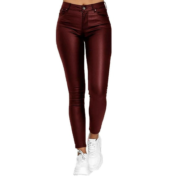 Wyobmus Faux Leather Pants for Women Solid Casual Pockets Button High Waist Skinny Long Pants Burgundy