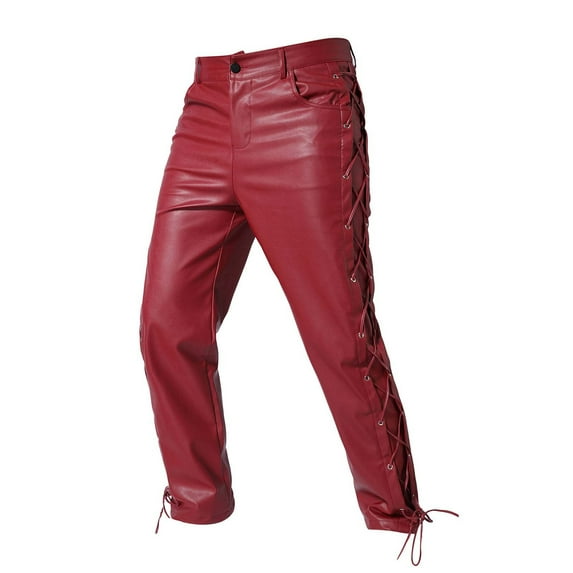 Wyobmus Faux Leather Slim Pants for Men Retro Punk Gothic Pants Casual Solid Color Stylish Windproof Motobiker Leather Pants B-Red